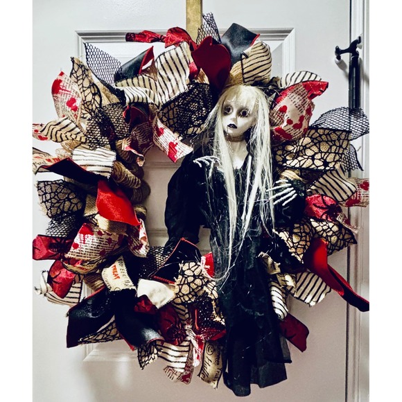 Handmade Other - Handmade Halloween Wreath Gothic Ghost Girl Victorian Horror Red Black Decor